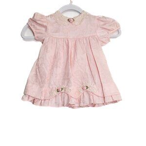 Vintage-Inspired Size 24/XL Baby Girls Pink Lace Dress With Floral Appliqués